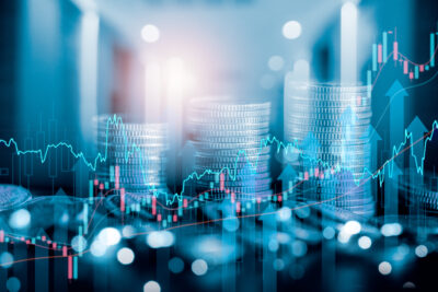 Stock market business finance, world economic growth trend, coin stack in background, investing mutual funds, financial risk management, debt ceiling, Quantitative Easing, effect inflation, interest